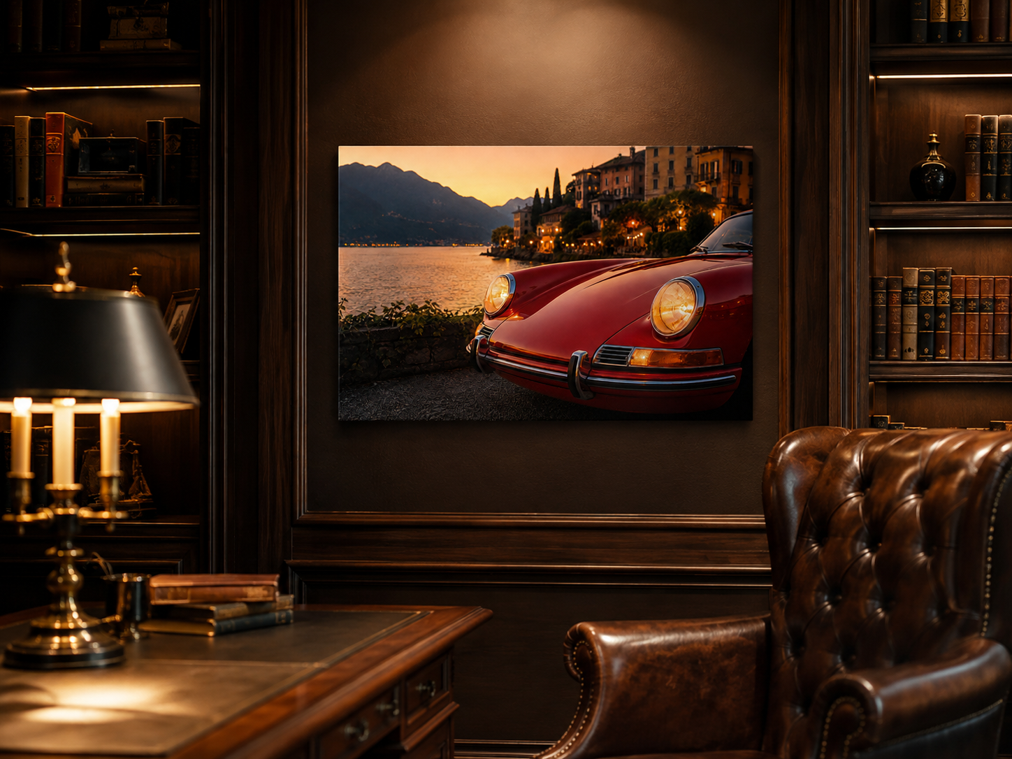 Cinematic red vintage sports car canvas displayed in a dark wood luxury home office