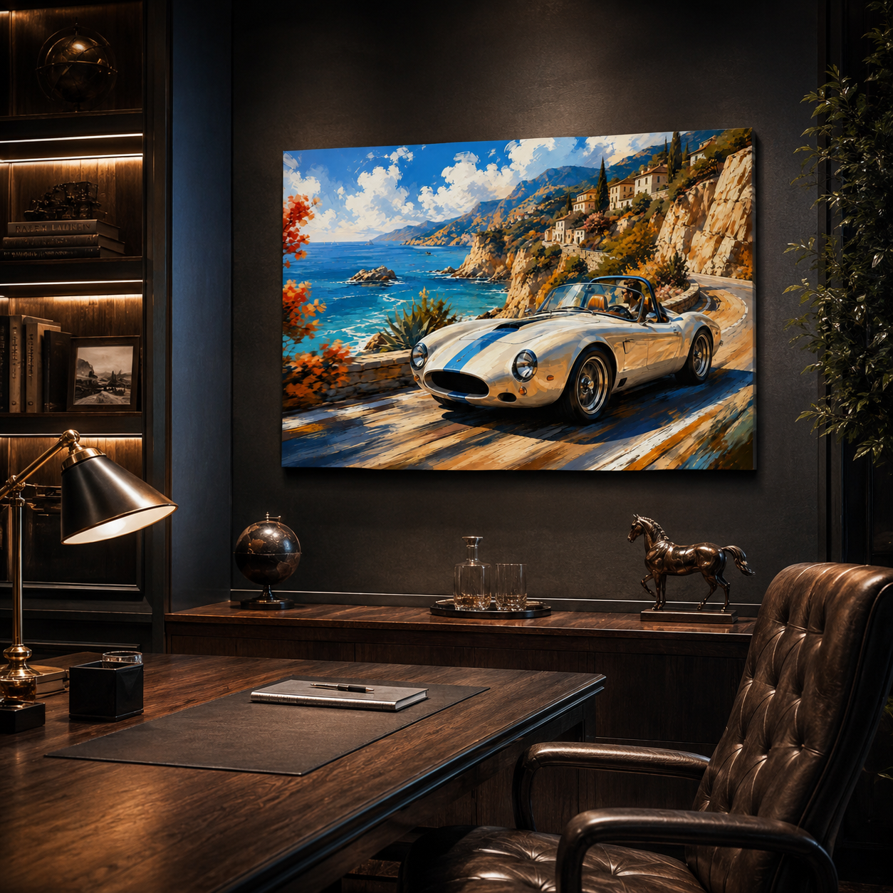 Azure Coast illustrated roadster canvas displayed in a dark luxury office