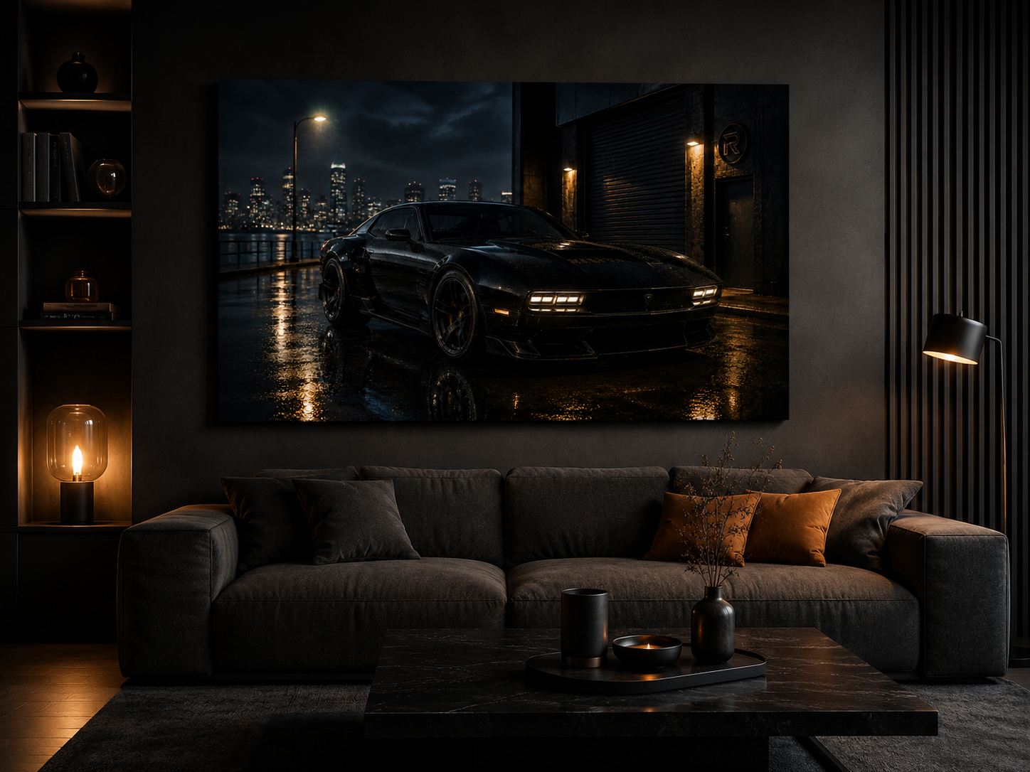 Nightfall Circuit dark urban sports car canvas displayed in a moody modern living room