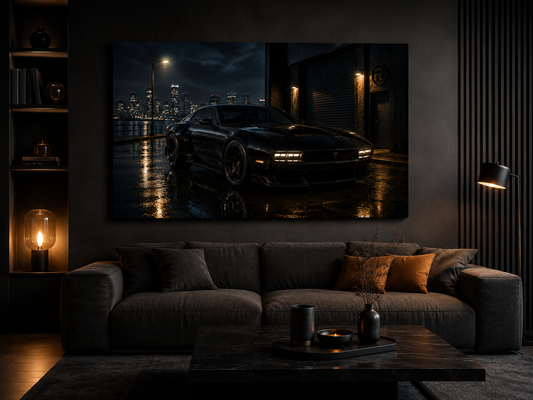 Nightfall Circuit dark urban sports car canvas displayed in a moody modern living room