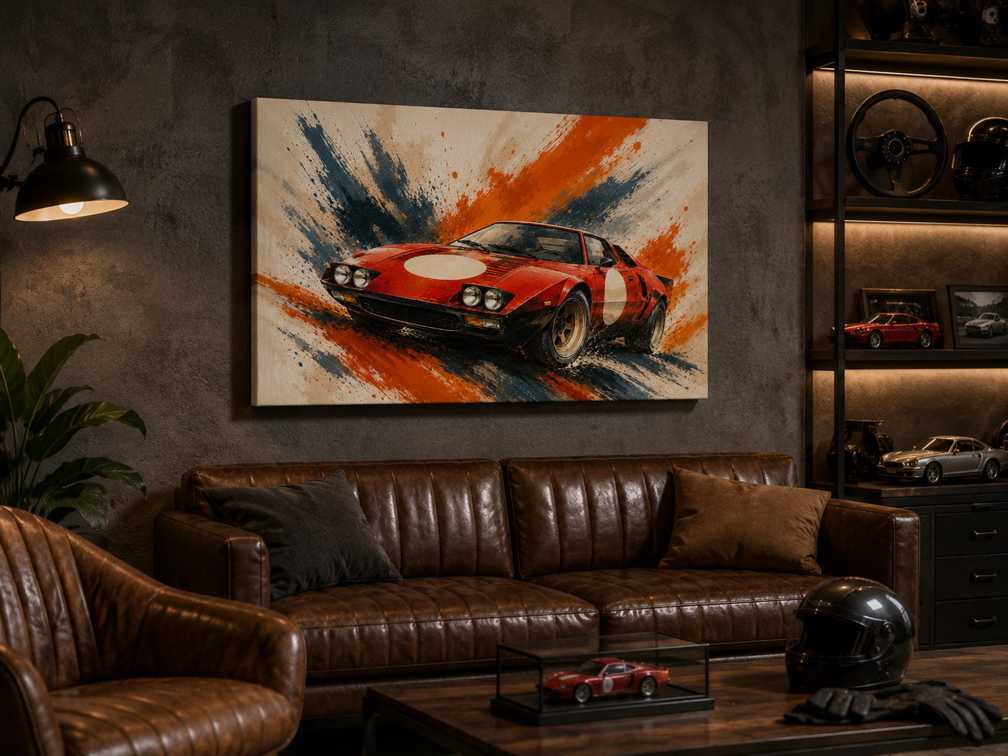 Red Velocity vintage racing car canvas displayed in a premium automotive garage lounge