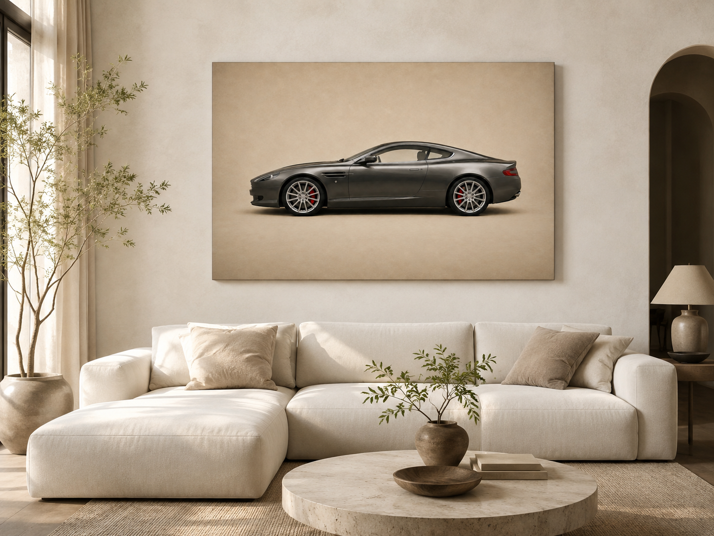 Graphite Grand Tour sports coupe canvas displayed above a modern neutral living room sofa