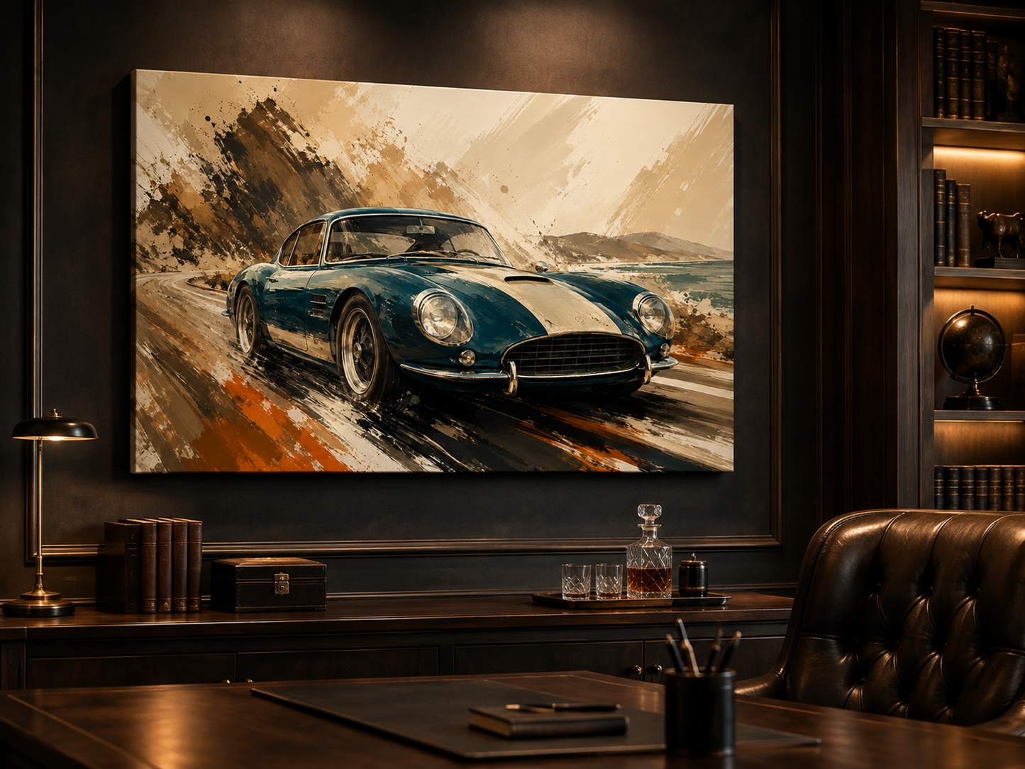 Azure Escape illustrated car artwork displayed in a dark luxury executive office