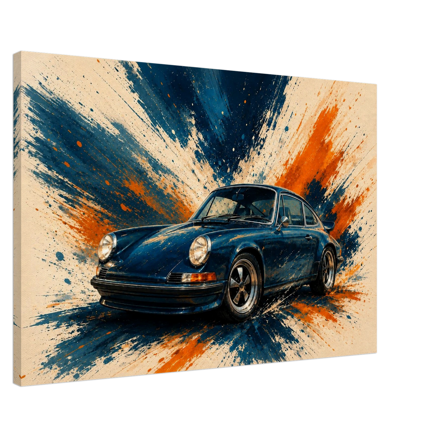 Blue Velocity illustrated sports car canvas showing gallery wrapped depth