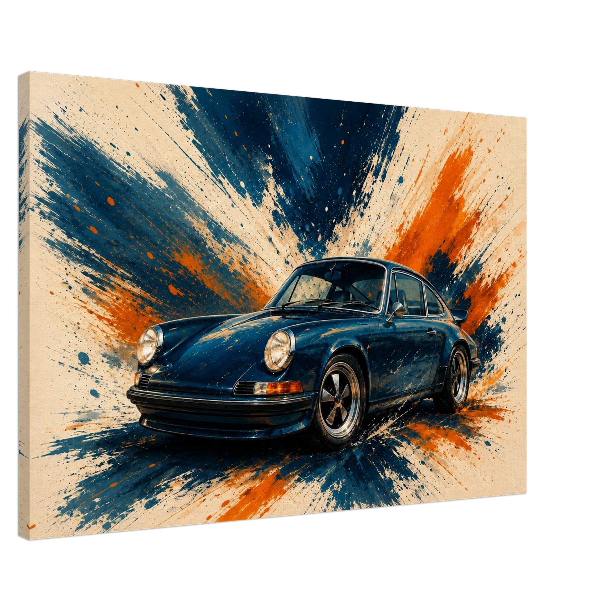 Blue Velocity illustrated sports car canvas showing gallery wrapped depth