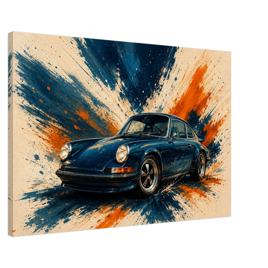 Blue Velocity illustrated sports car canvas showing gallery wrapped depth