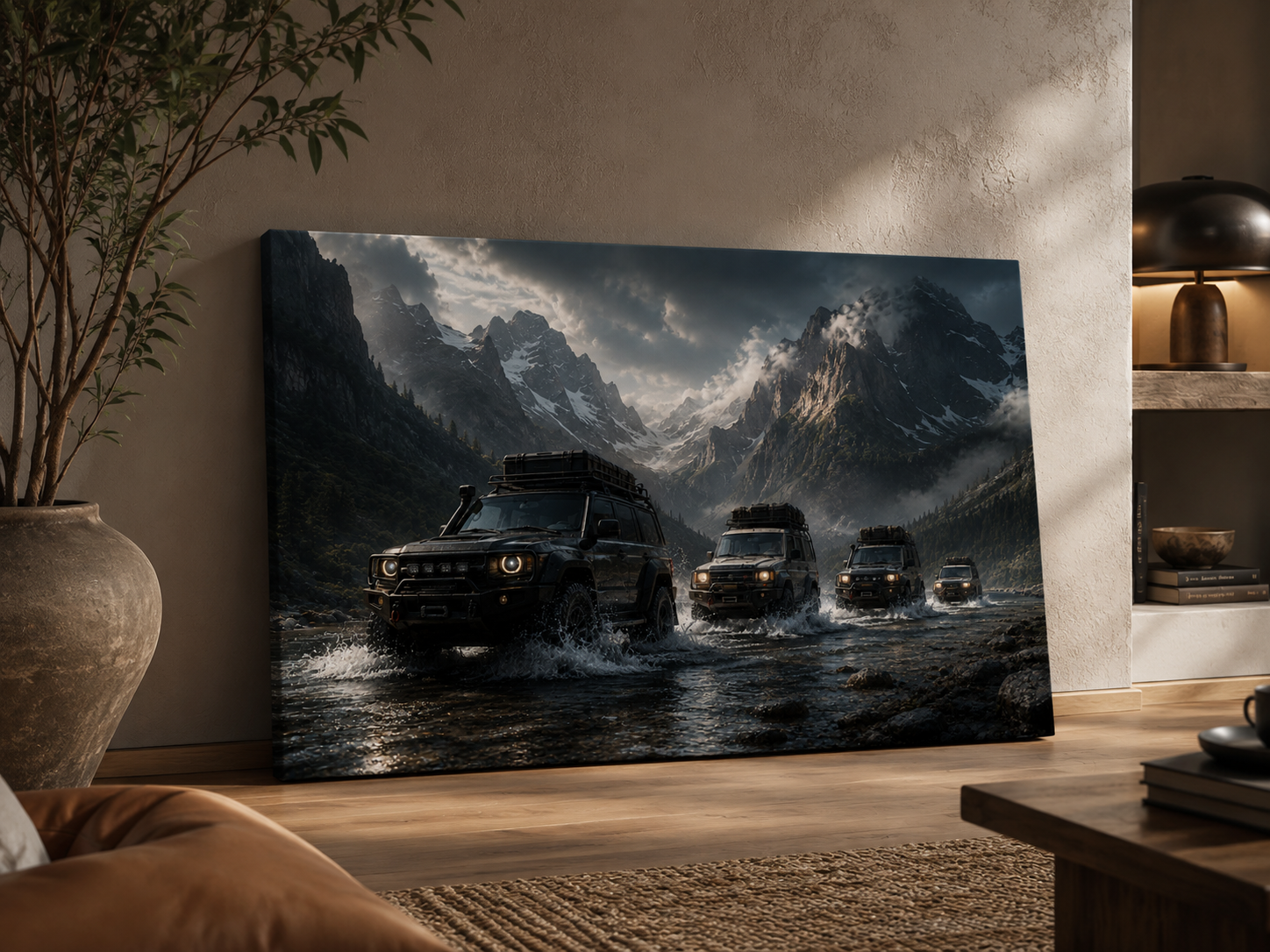 Alpine Passage cinematic convoy canvas leaning against a wall in a modern interior