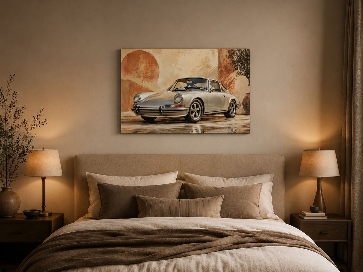 Terracotta 911 classic sports car canvas displayed above a bed in a warm neutral bedroom