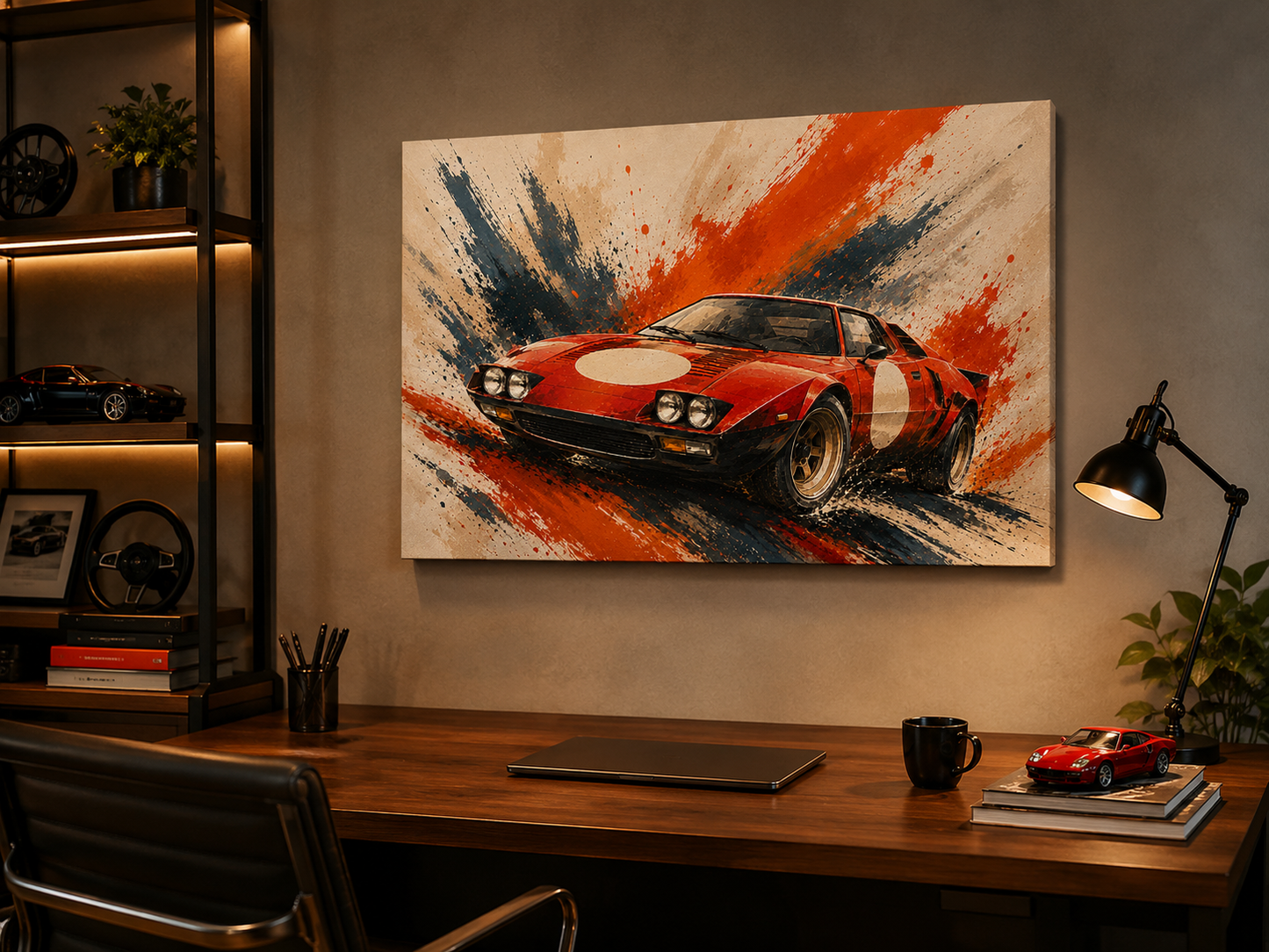 Side view of Red Velocity illustrated vintage sports car canvas showing gallery wrapped depth