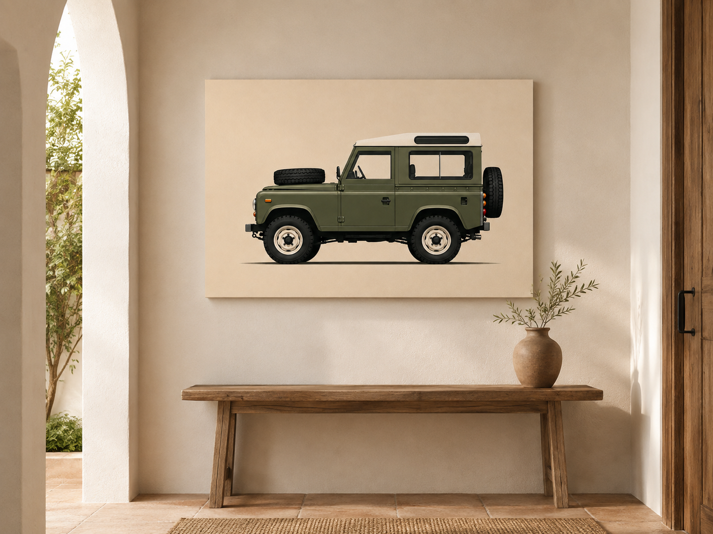 Olive green classic 4x4 canvas wall art displayed above a wooden bench in a Mediterranean entryway
