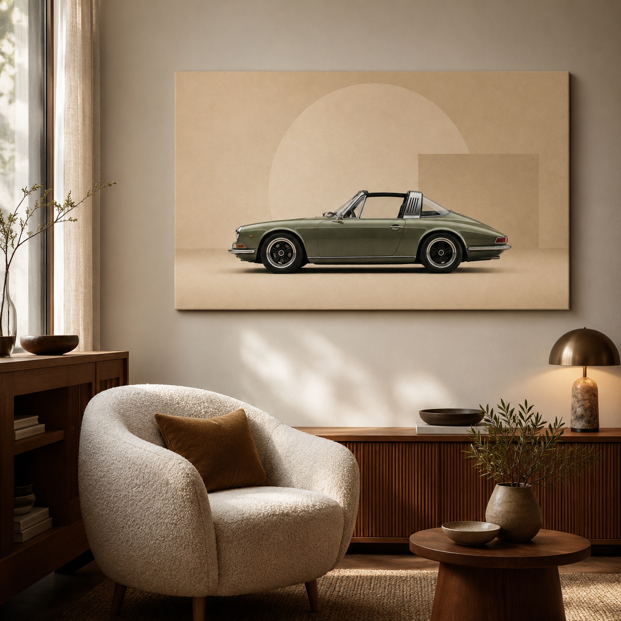 Olive Arc geometric automotive artwork displayed in a refined reading corner