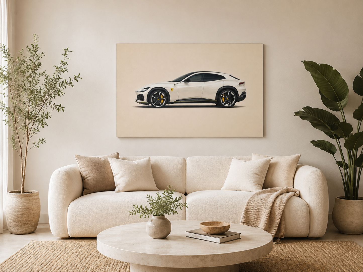 Ivory V12 luxury SUV canvas print displayed above a cream sofa in a minimalist living room