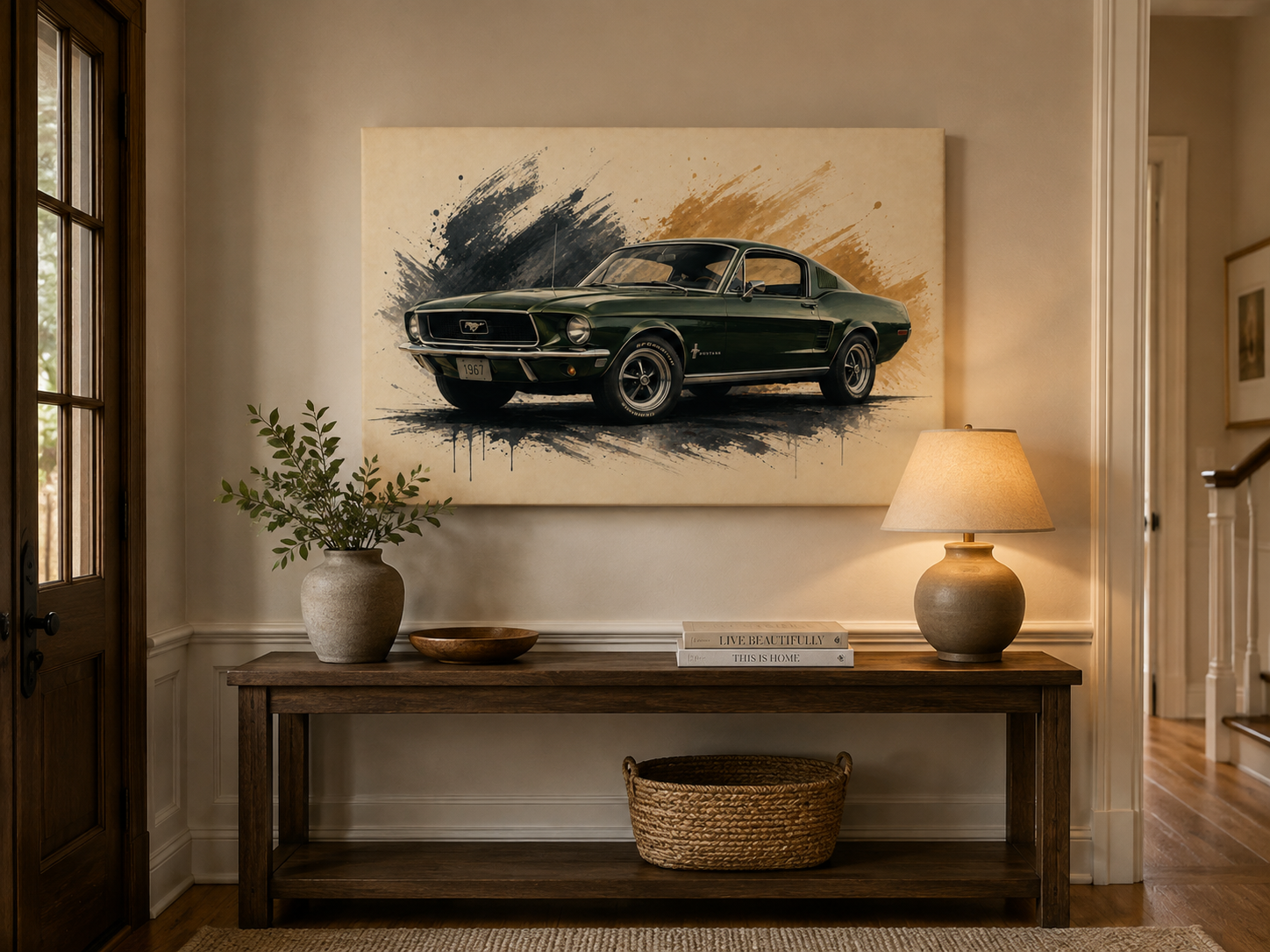 Hunter Fastback classic automotive canvas above a console table in a warmly lit hallway