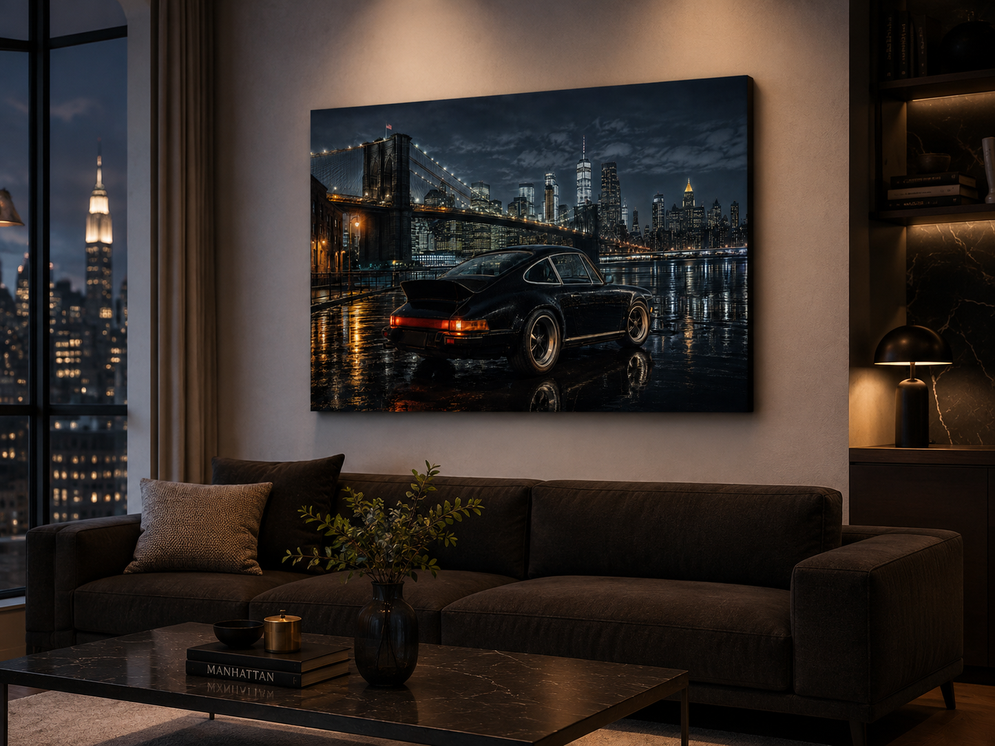 Midnight Borough dark automotive wall art displayed in a New York style apartment