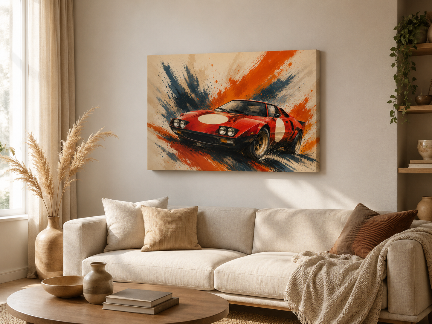 Red Velocity illustrated vintage sports car canvas displayed in a modern neutral living room