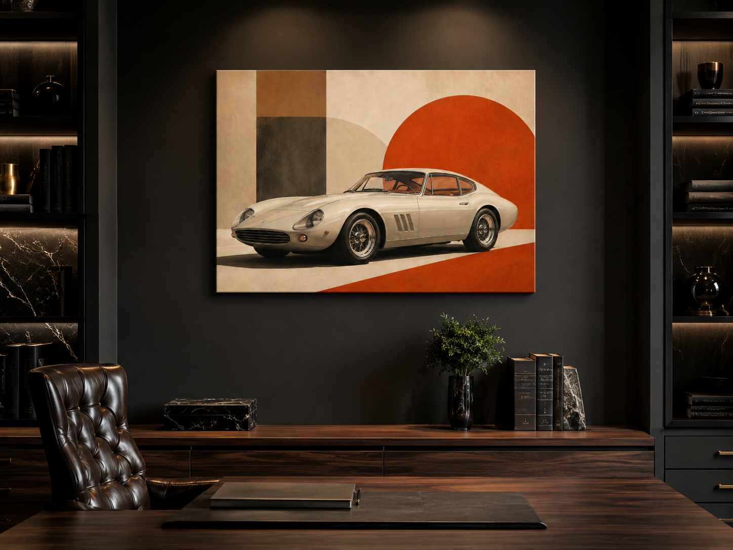 Crimson Geometry retro car canvas displayed in a sophisticated dark home office