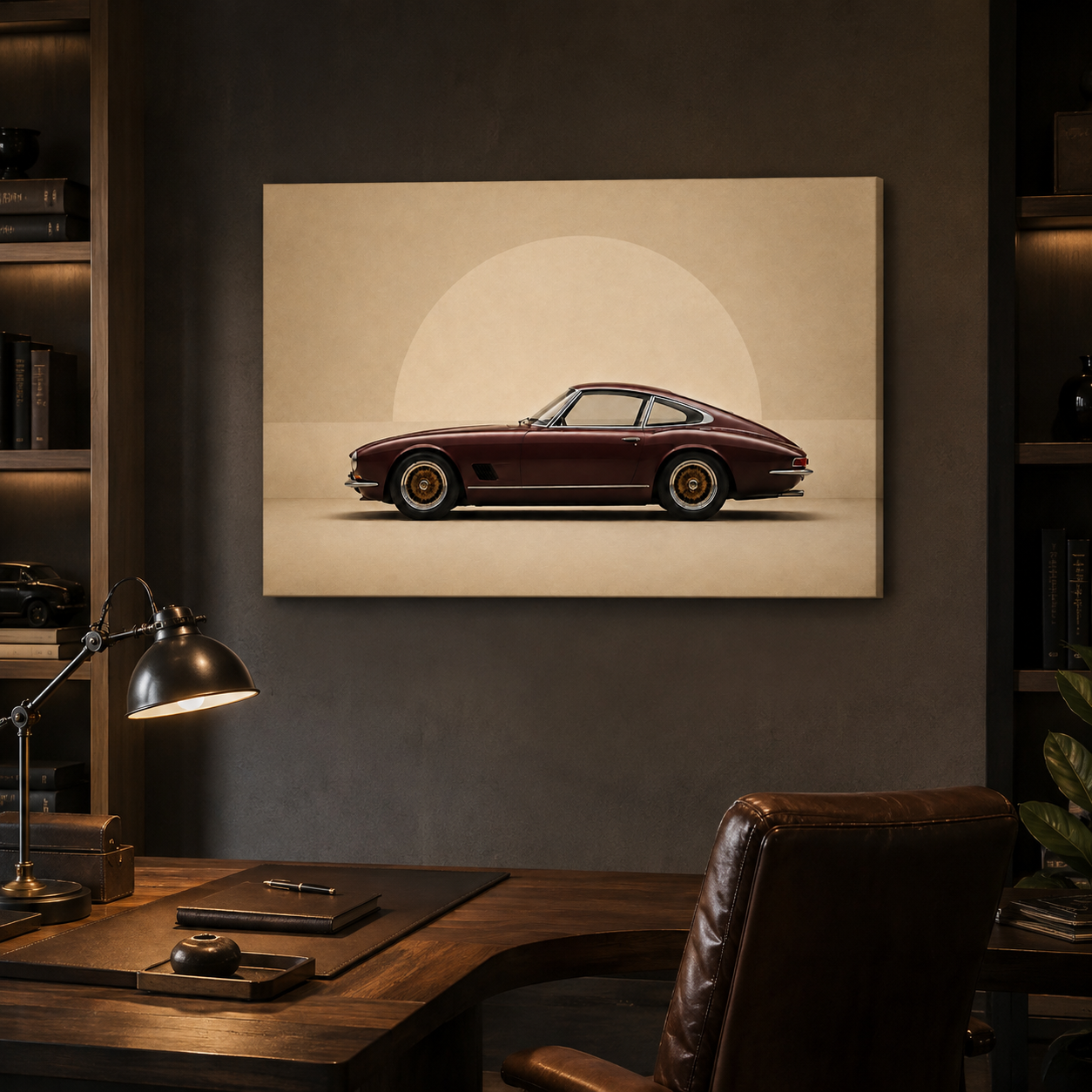 Burgundy Horizon minimalist automotive canvas displayed in a dark executive home office