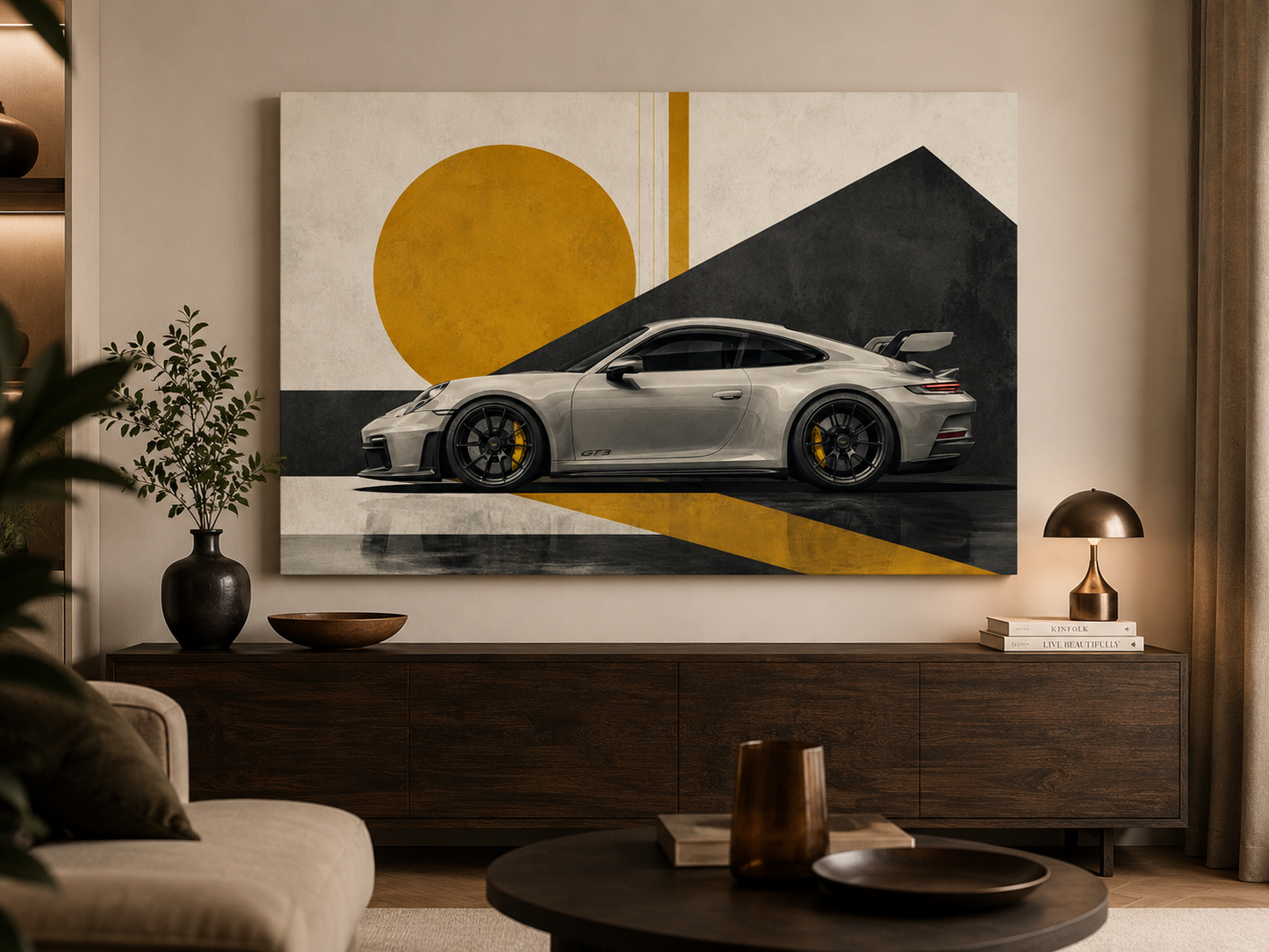 Golden Apex modern geometric car canvas displayed above a contemporary wooden console