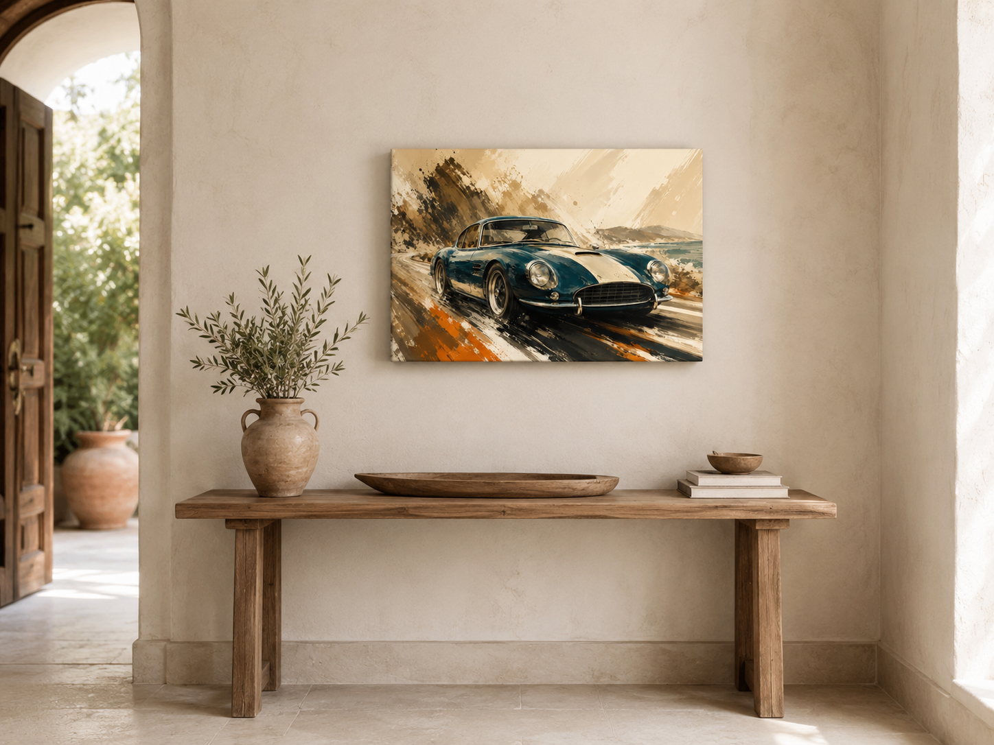 Azure Escape illustrated automotive wall art displayed above a narrow entryway console
