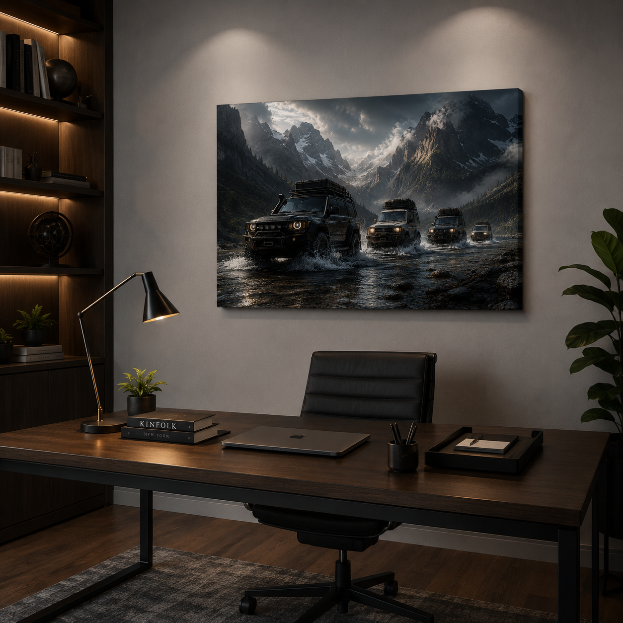 Alpine Passage off road mountain canvas displayed above an executive desk