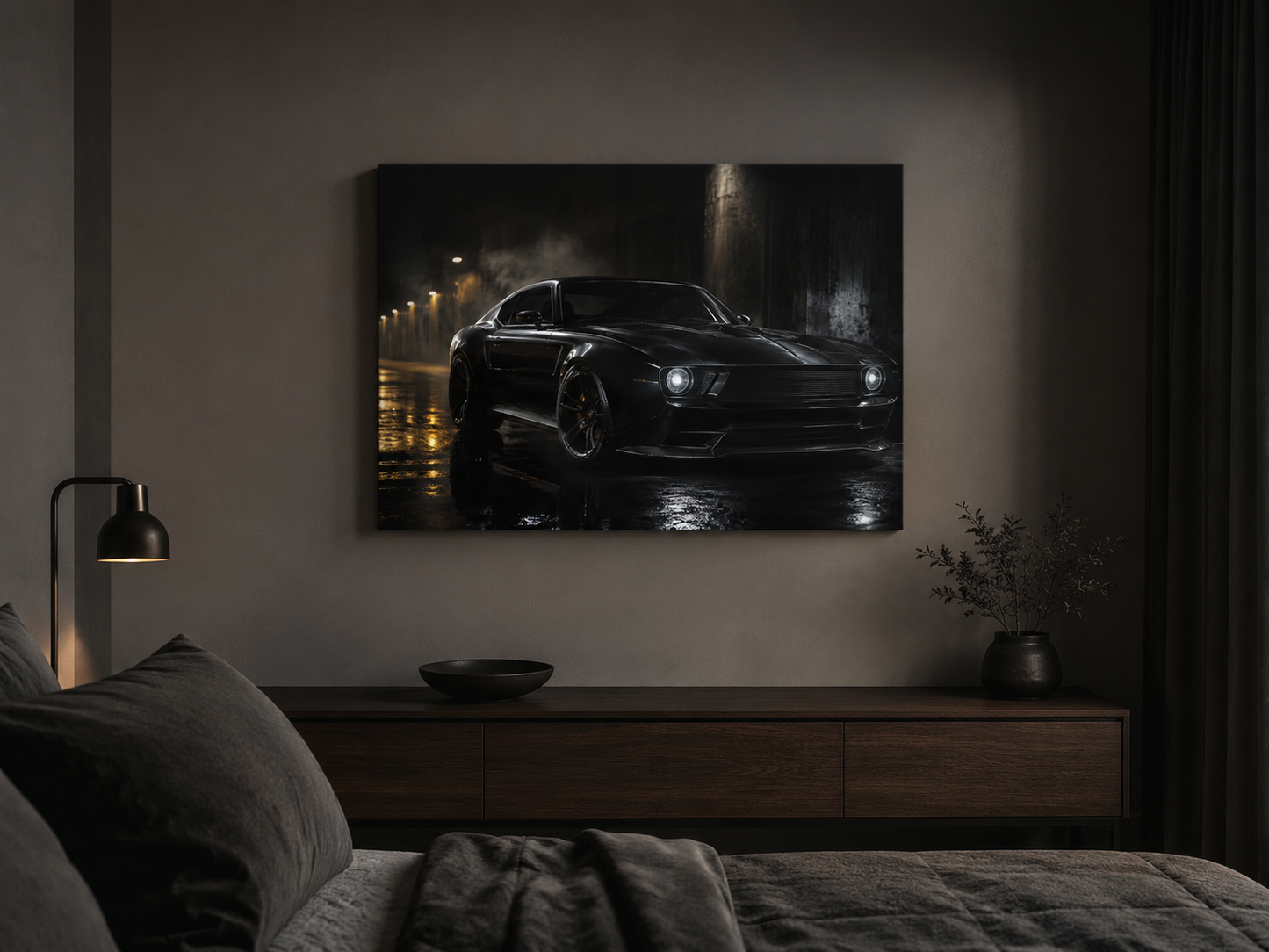 Midnight Dominion black sports car canvas displayed above a dark modern bedroom console