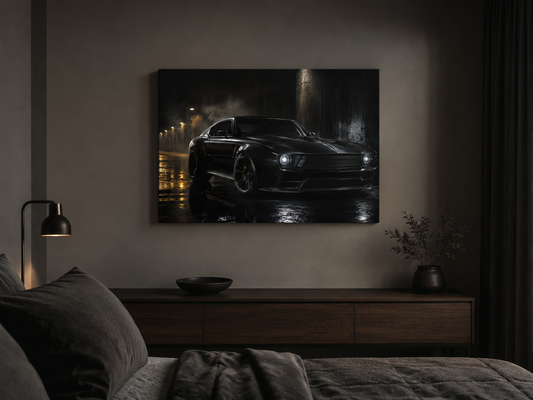 Midnight Dominion black sports car canvas displayed above a dark modern bedroom console