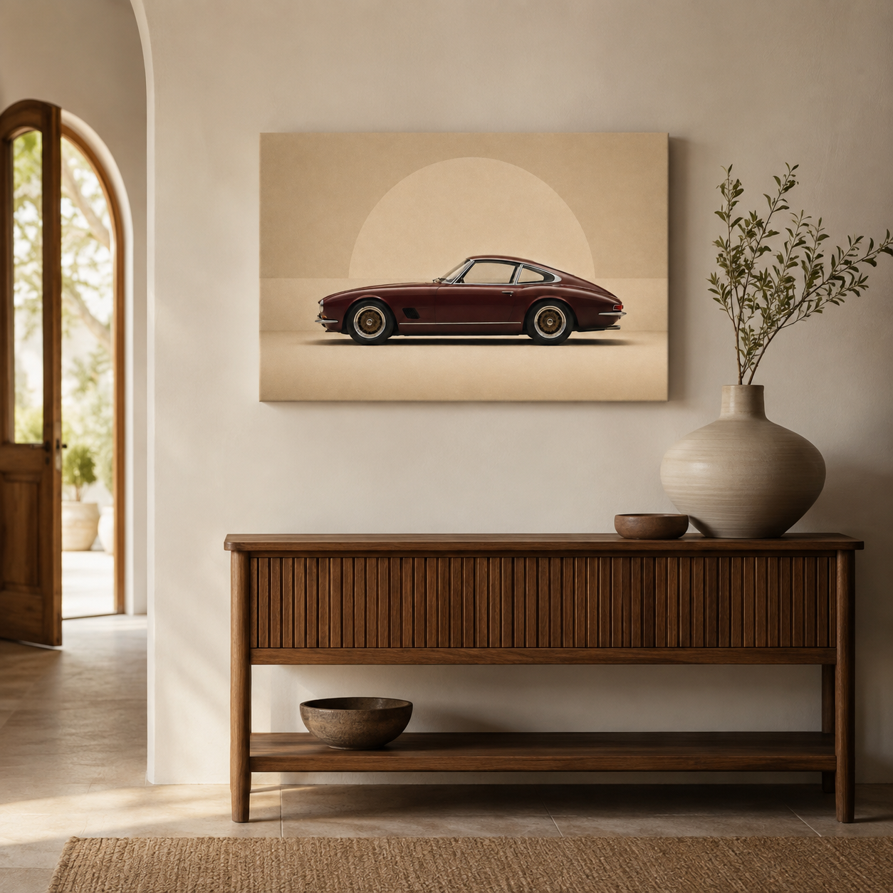 Burgundy Horizon minimalist car artwork displayed above a dark wood entryway console