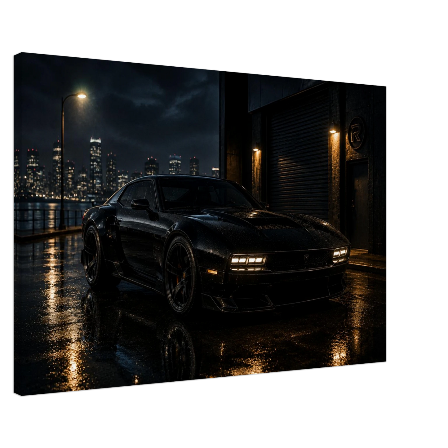 Side view of Nightfall Circuit dark urban sports car canvas showing gallery wrapped depth