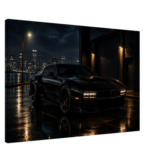 Side view of Nightfall Circuit dark urban sports car canvas showing gallery wrapped depth