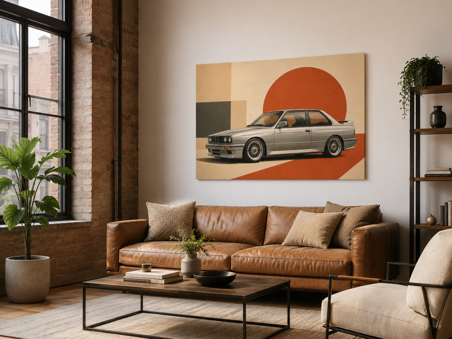 Silver Apex retro automotive canvas displayed in an industrial loft living room with brick walls
