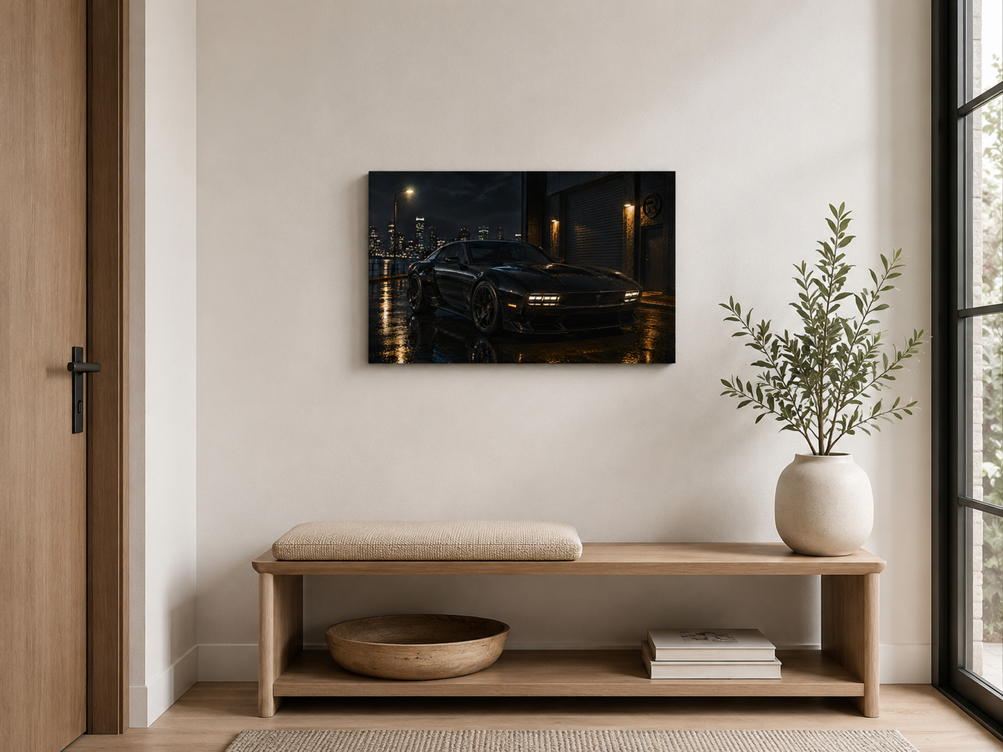 Small Nightfall Circuit black sports car canvas displayed in a bright contemporary entryway