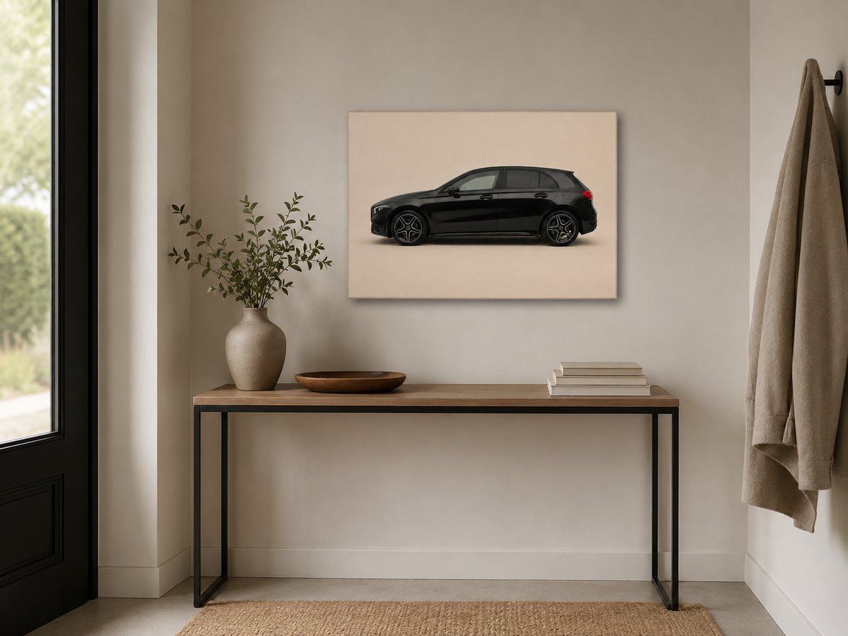 Blackline A black car canvas above a slim console table in a bright entryway