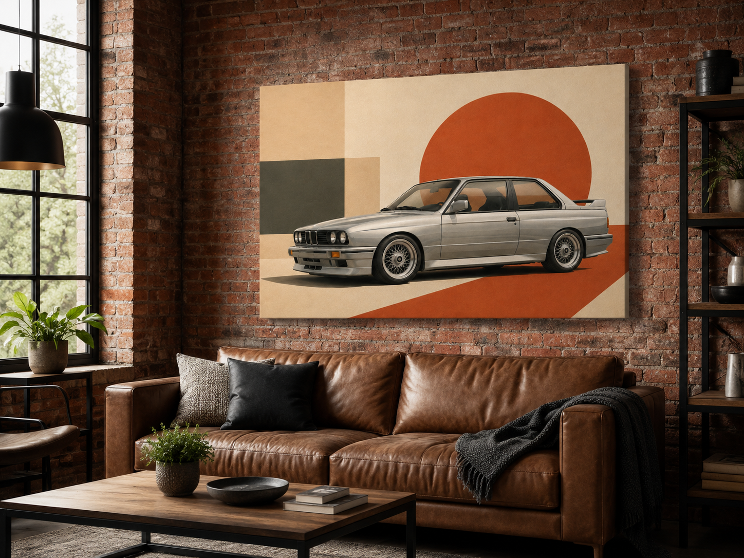 Silver Apex geometric automotive wall art above a leather sofa in an industrial brick loft