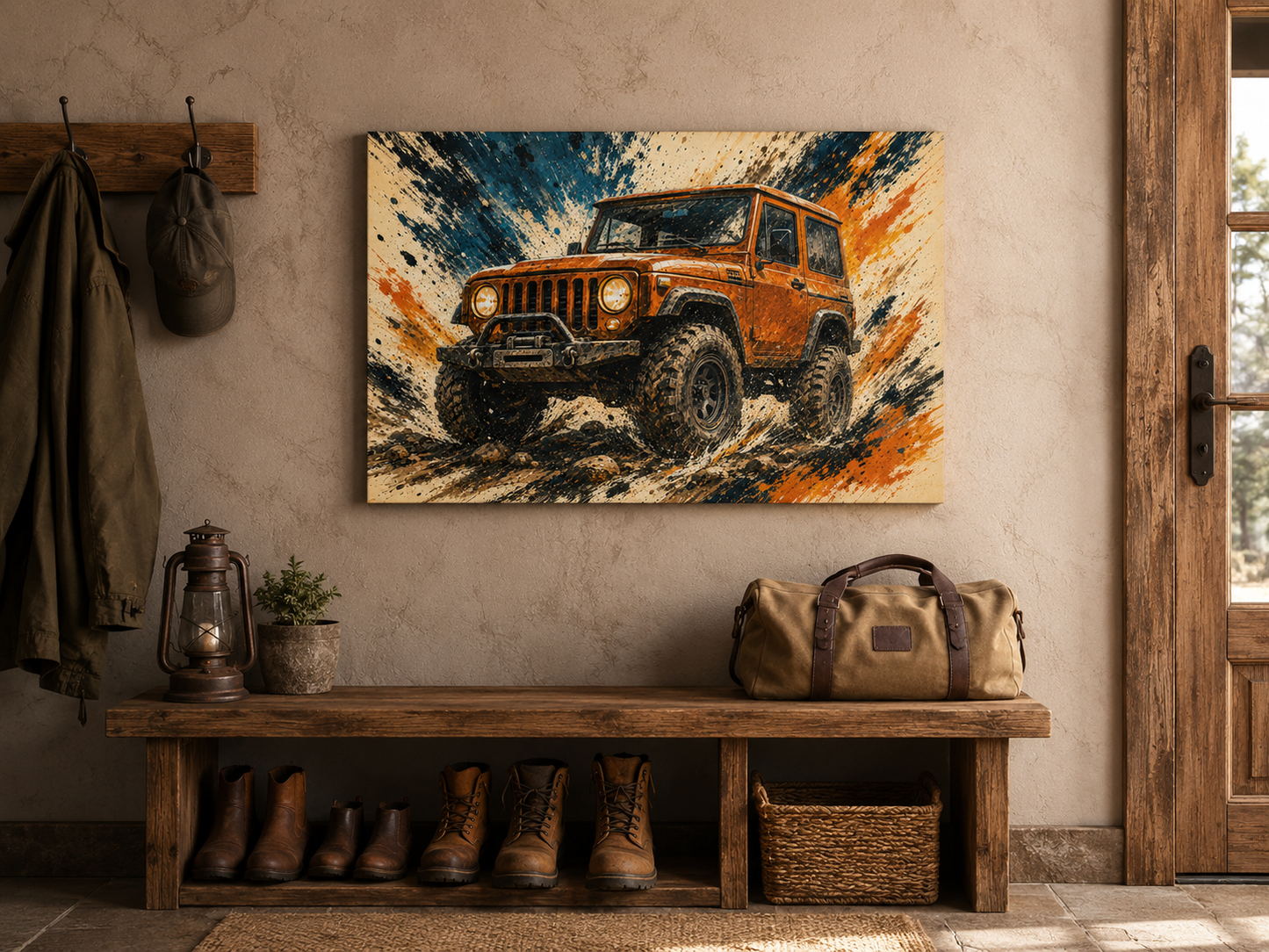 Trail Burst illustrated 4x4 canvas in a bedroom setting