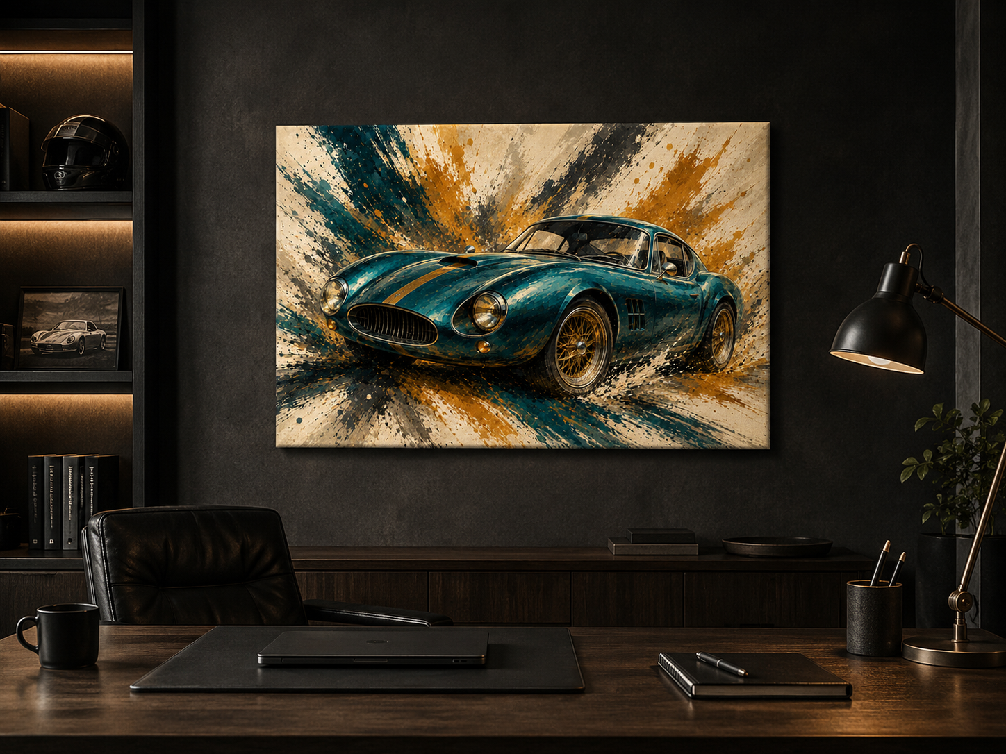 Teal Velocity automotive canvas wall art displayed in a dark modern home office