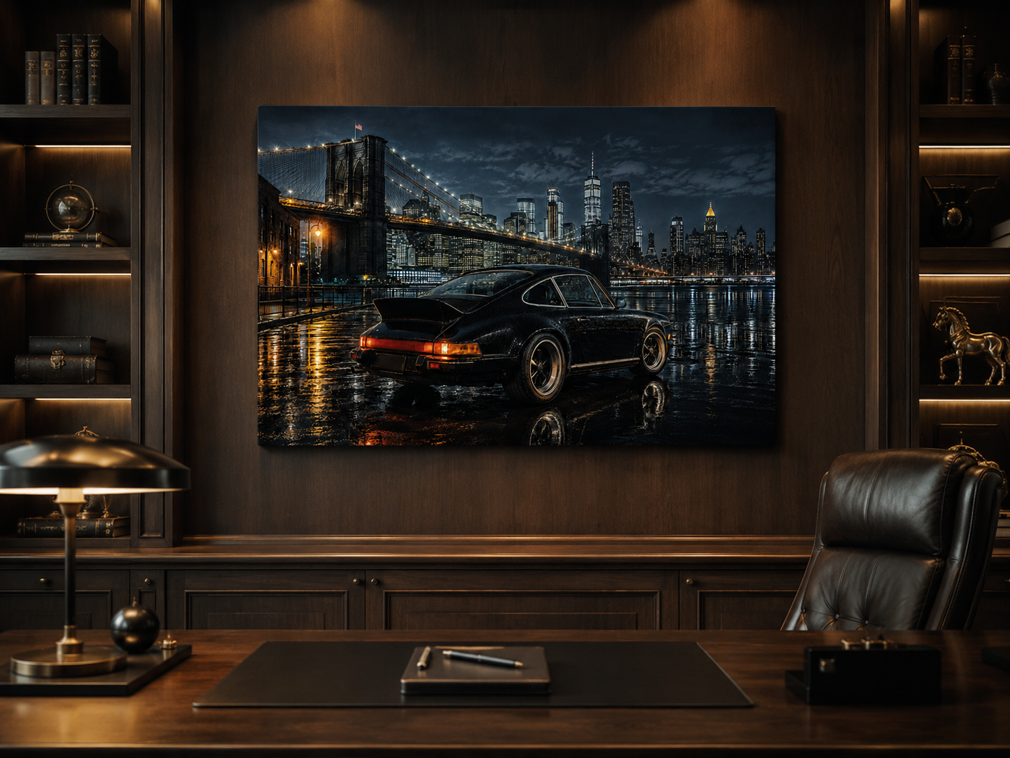 Midnight Borough dark classic car canvas displayed in a sophisticated executive office