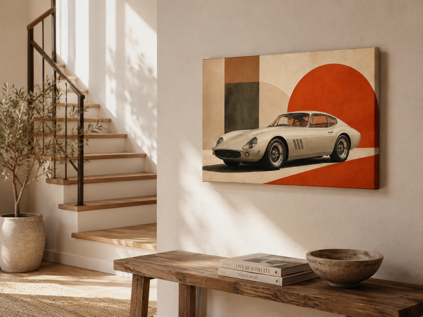 Crimson Geometry retro grand touring car canvas displayed beside a modern staircase