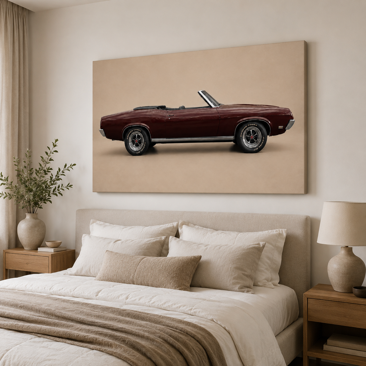 Burgundy Open Road classic car canvas displayed above a calm neutral bedroom