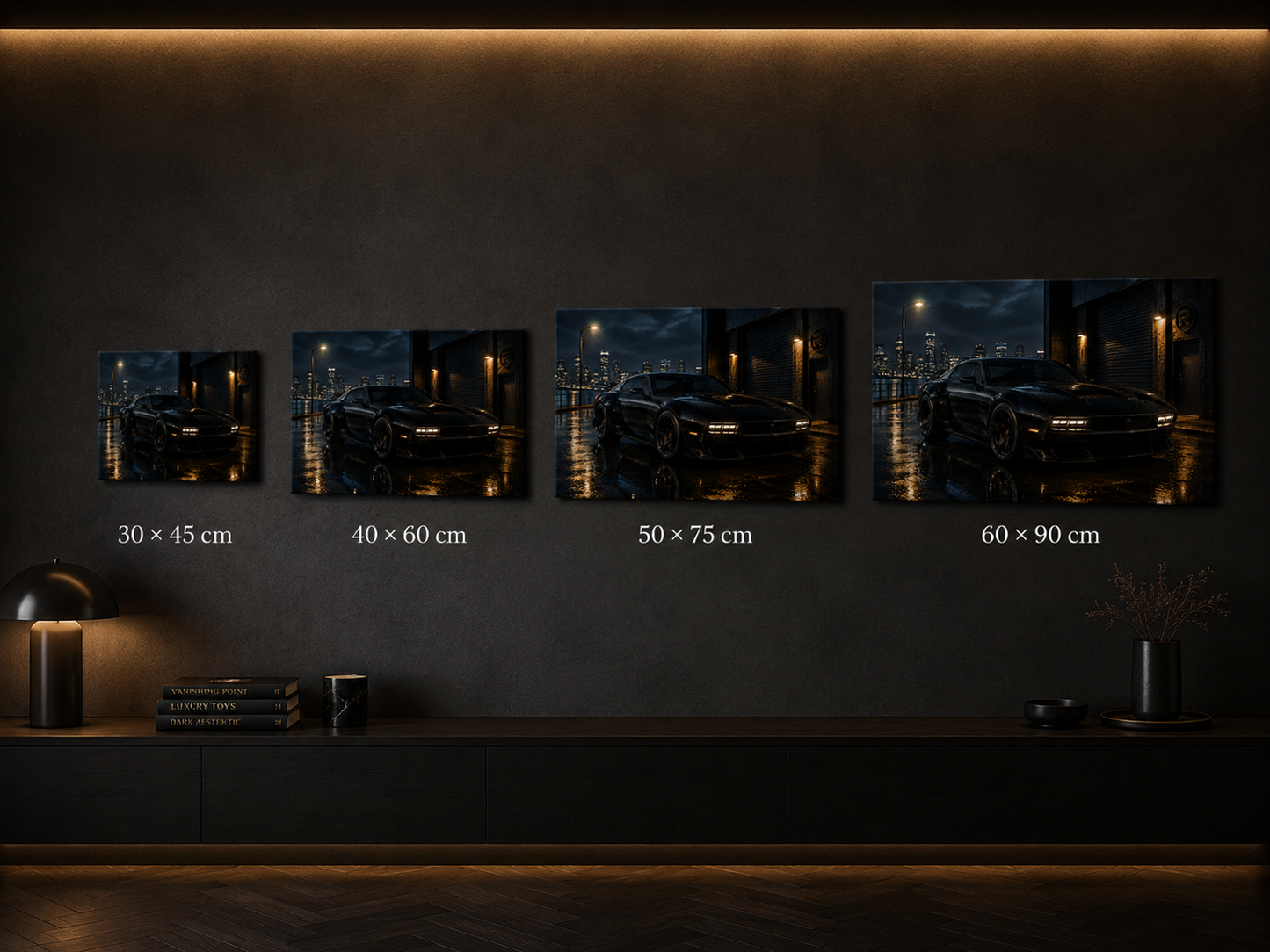 Nightfall Circuit canvas size comparison in 30x45 40x60 50x75 and 60x90 cm