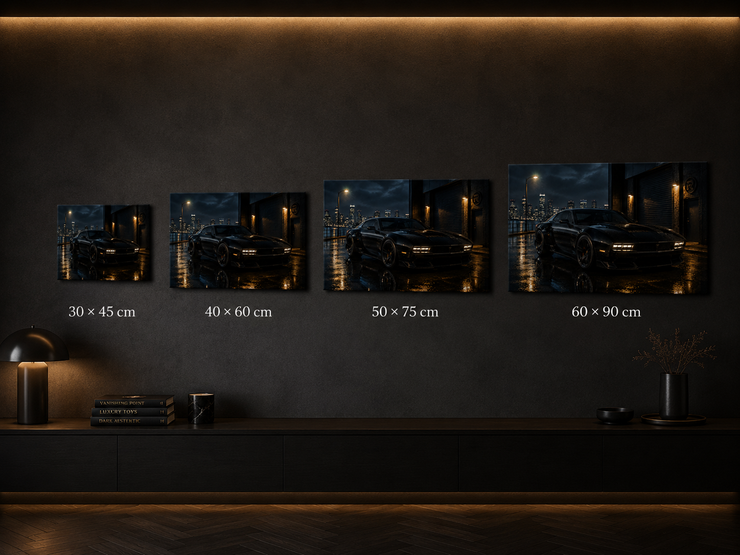 Nightfall Circuit canvas size comparison in 30x45 40x60 50x75 and 60x90 cm