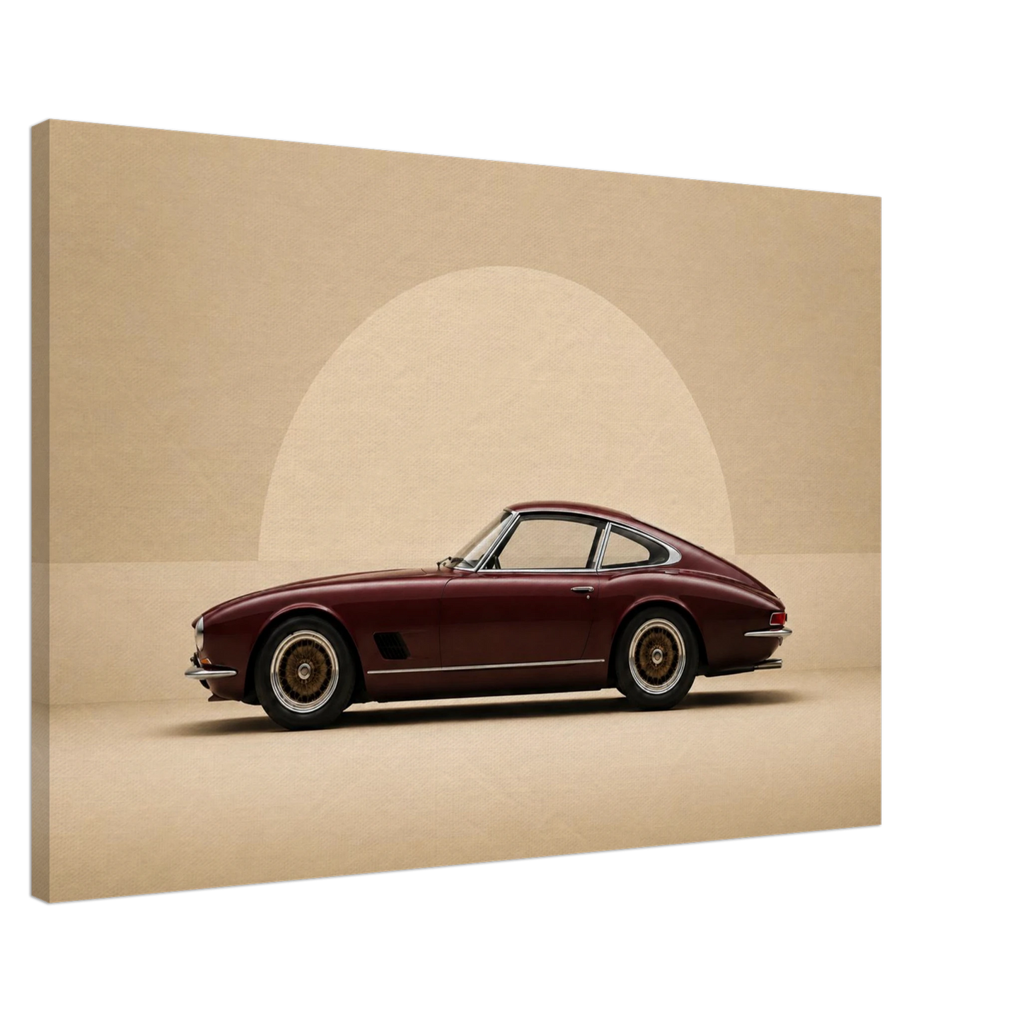 Side view of Burgundy Horizon minimalist classic car canvas showing gallery wrapped depth