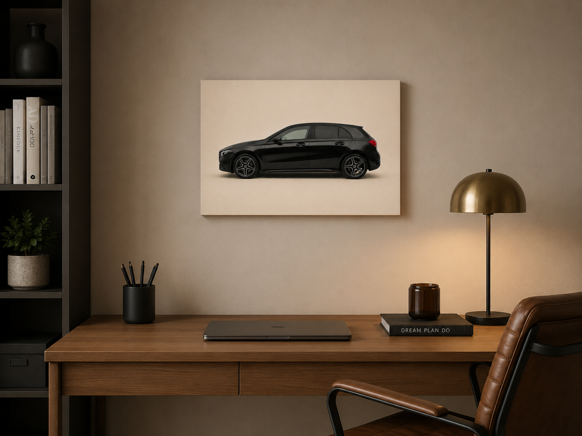 Blackline A minimalist black hatchback canvas displayed above a bed in a warm neutral bedroom