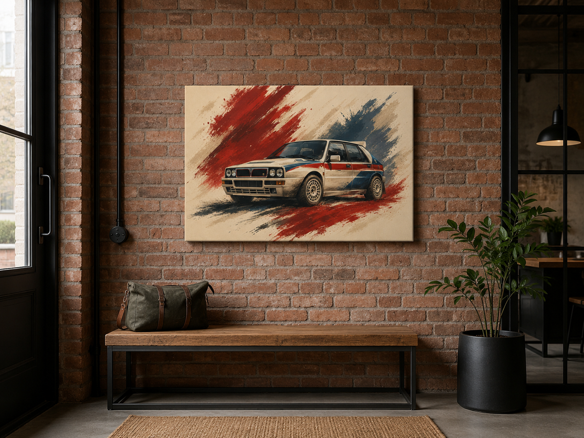Rally Legacy classic rally car canvas displayed on an exposed brick wall in an industrial loft