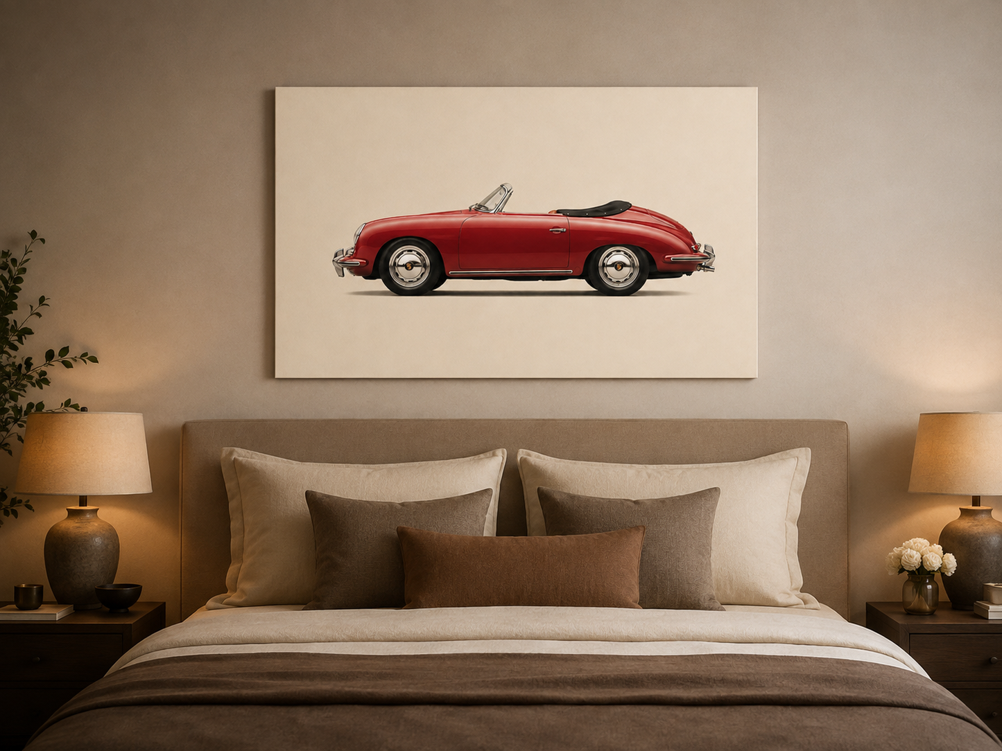 Minimalist red convertible canvas displayed above a bed in a warm neutral bedroom