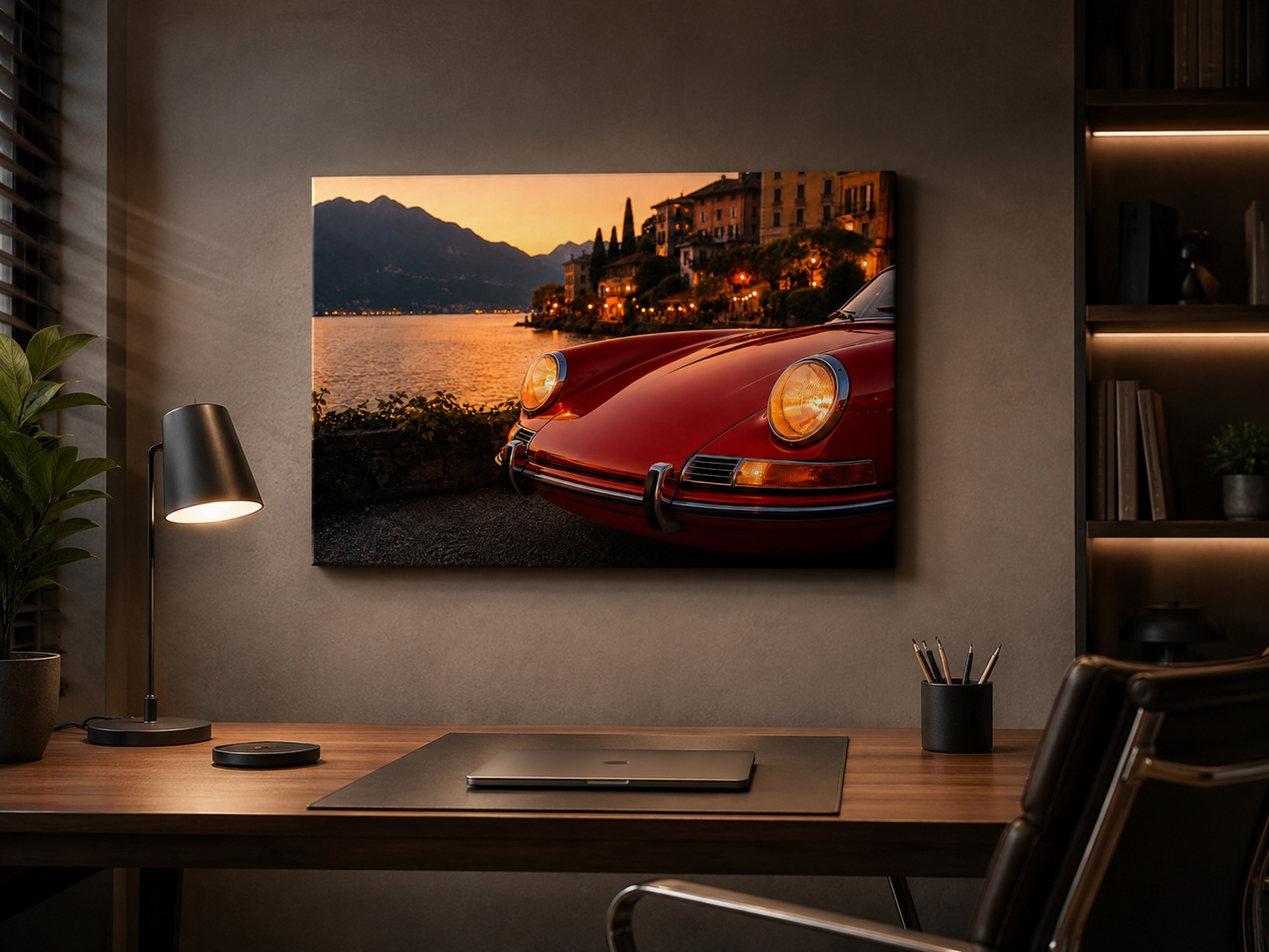 Cinematic red classic car canvas wall art displayed above a modern executive office desk