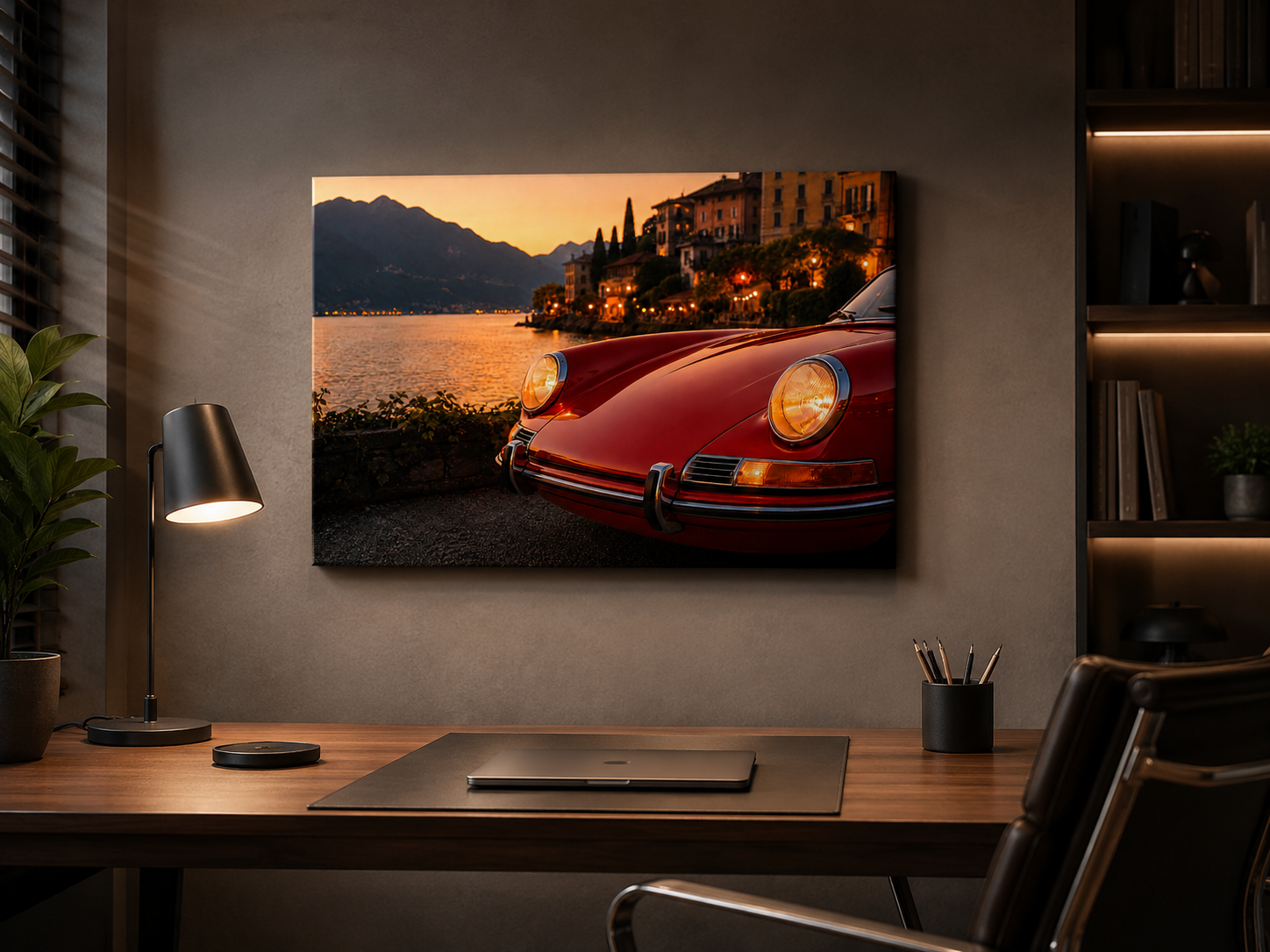 Cinematic red classic car canvas wall art displayed above a modern executive office desk