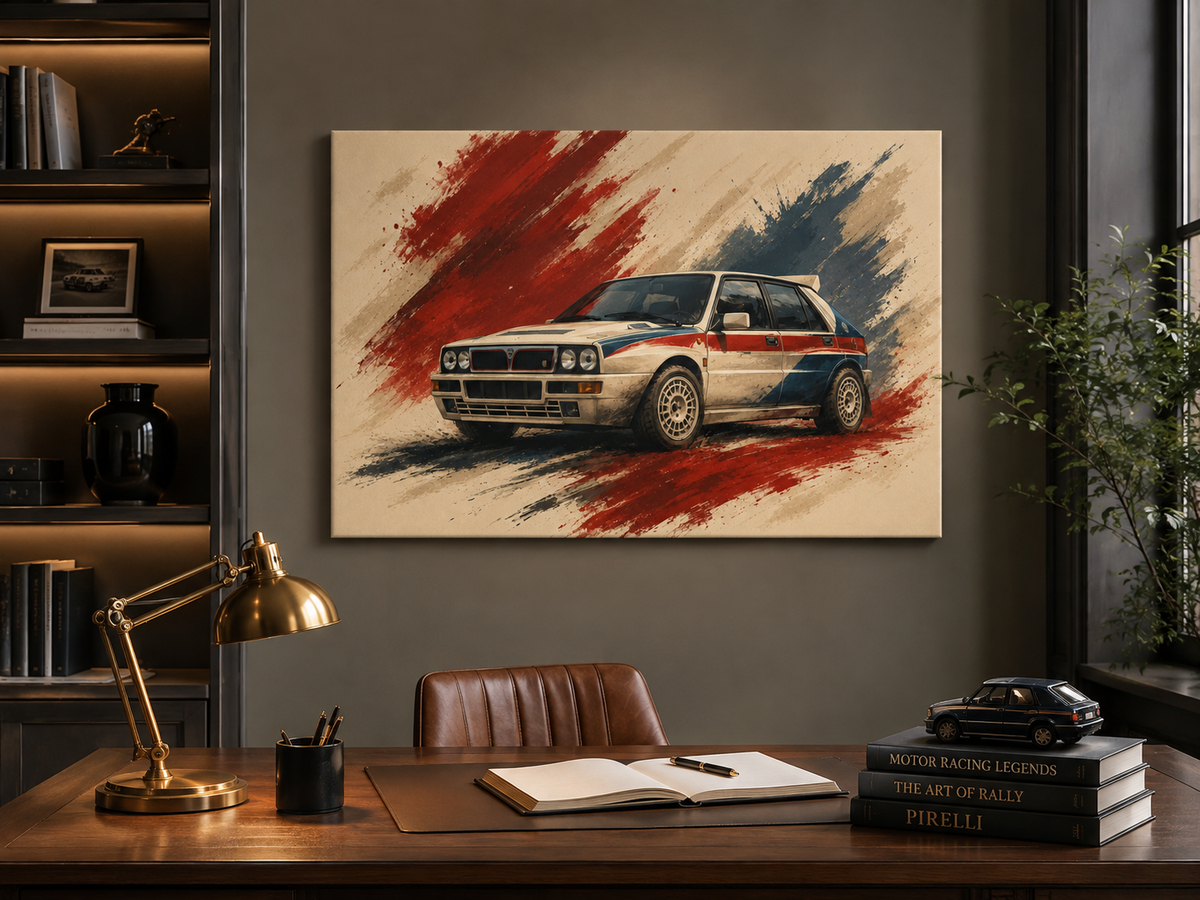 Rally Legacy illustrated rally car wall art displayed in a dark executive home office