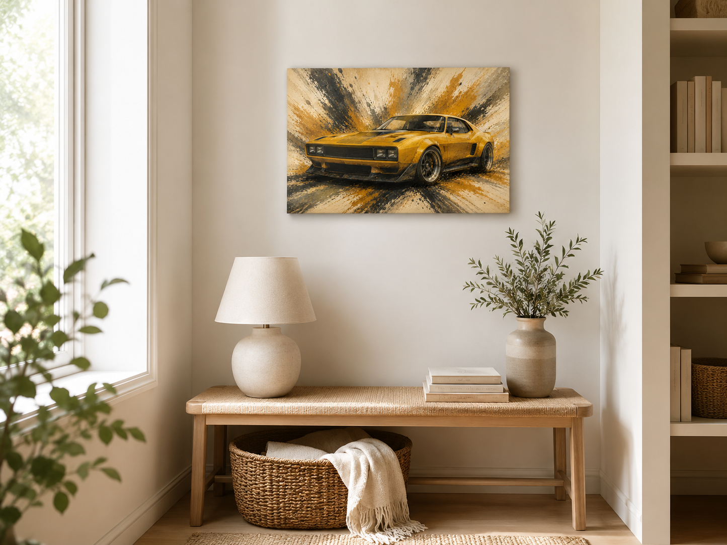Small Mustard Motion illustrated muscle car canvas displayed in a bright modern entryway