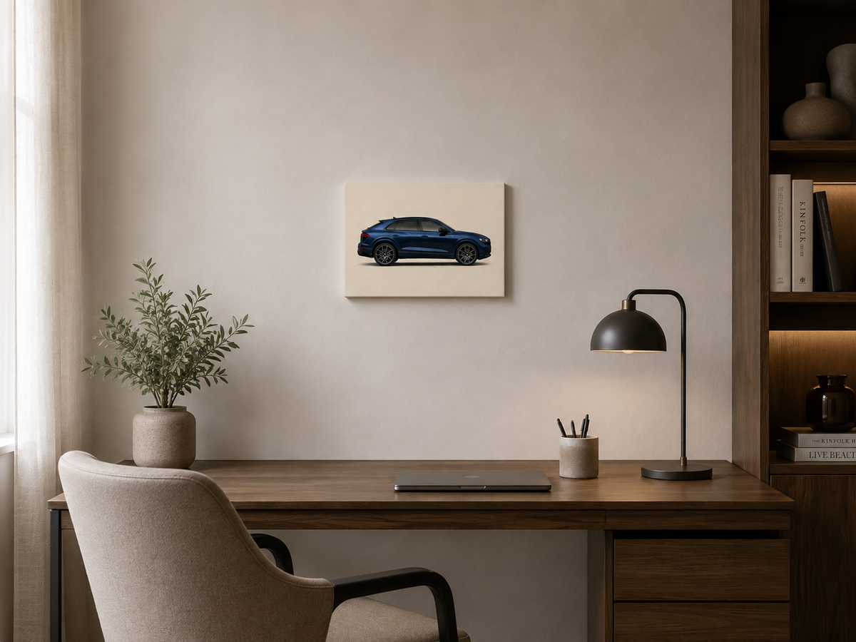Midnight Q8 small blue automotive canvas displayed above a compact home office desk