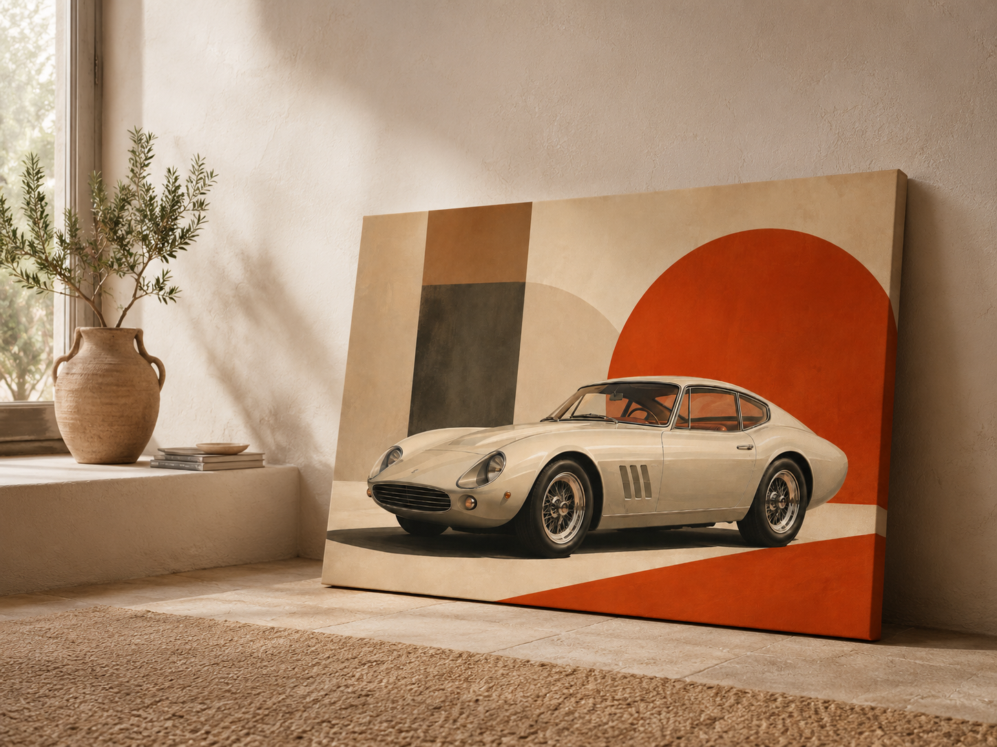 Crimson Geometry retro grand touring car canvas leaning on the floor in a warm Mediterranean interior